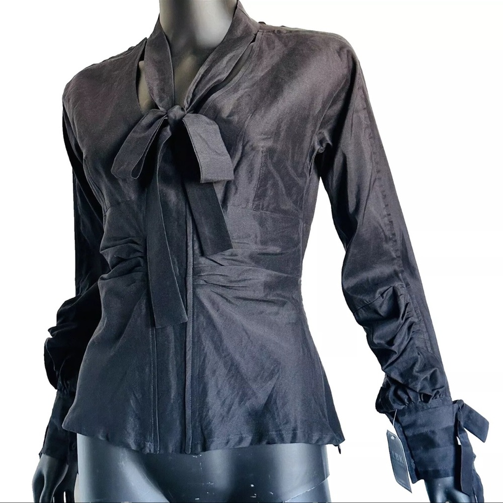 NWT LBK Cotton Silk Bow Black Blouse Tops France T38 S Zip Ruched Sleeve Bow